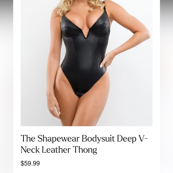 Popilush Shapewear Bodysuit Deep V-Neck Leather Thong - Picture 1 of 4